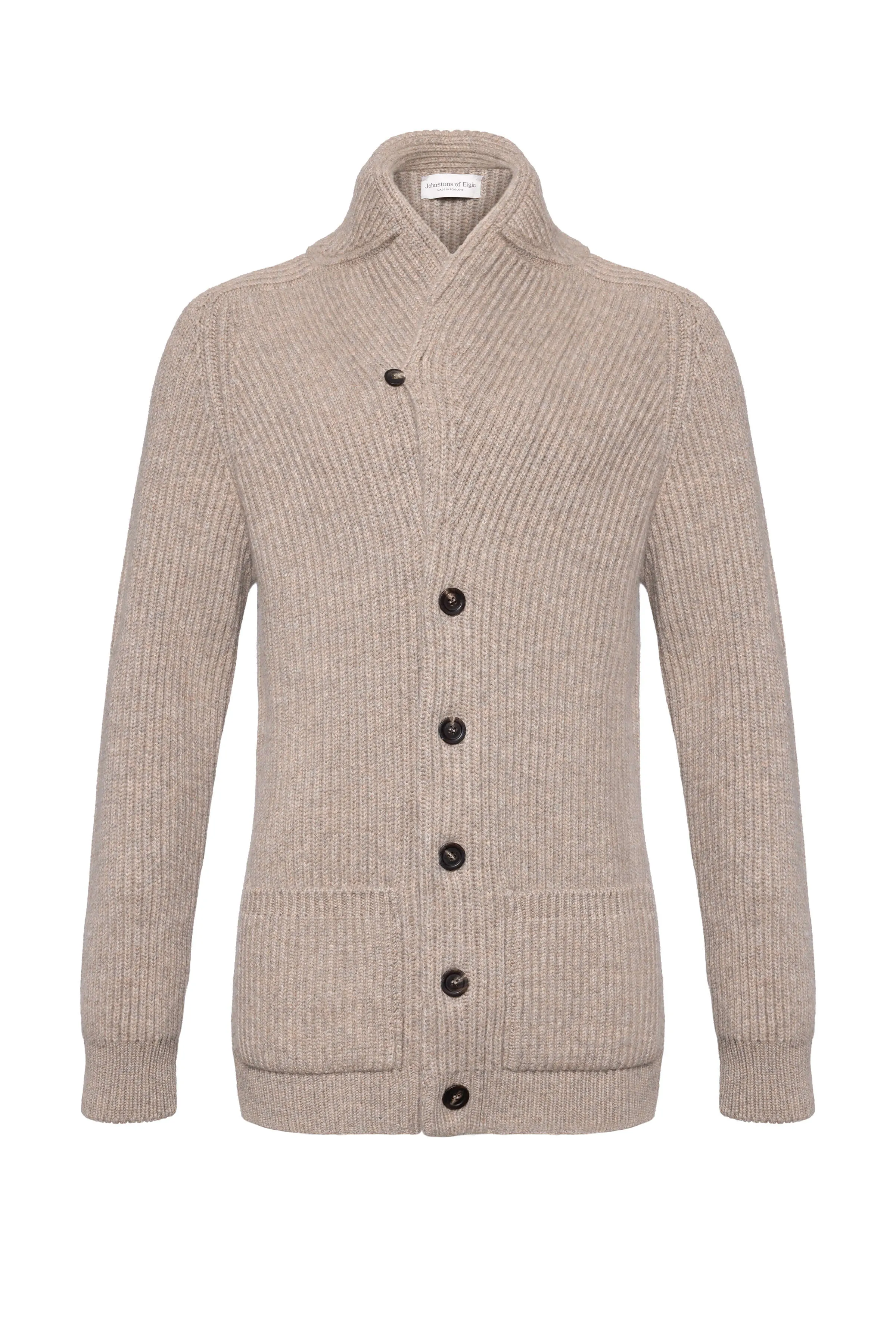 Ribbed Shawl Collar Light Brown Cashmere Cardigan sold by Johnstons of Elgin