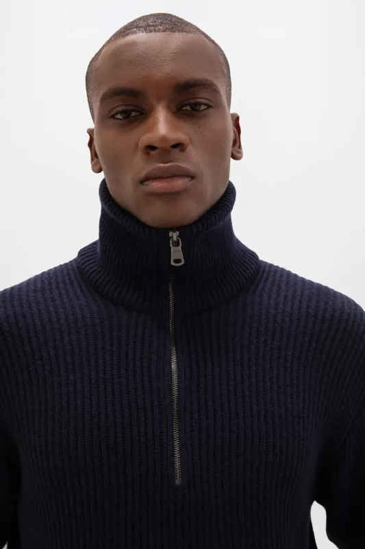 Ribbed Cashmere Dark Navy Zip Neck Jumper sold by Johnstons of Elgin