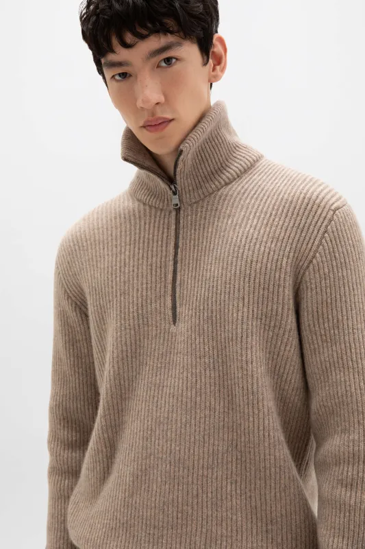 Ribbed Cashmere Zip Neck Light Brown Jumper made by Johnstons of Elgin