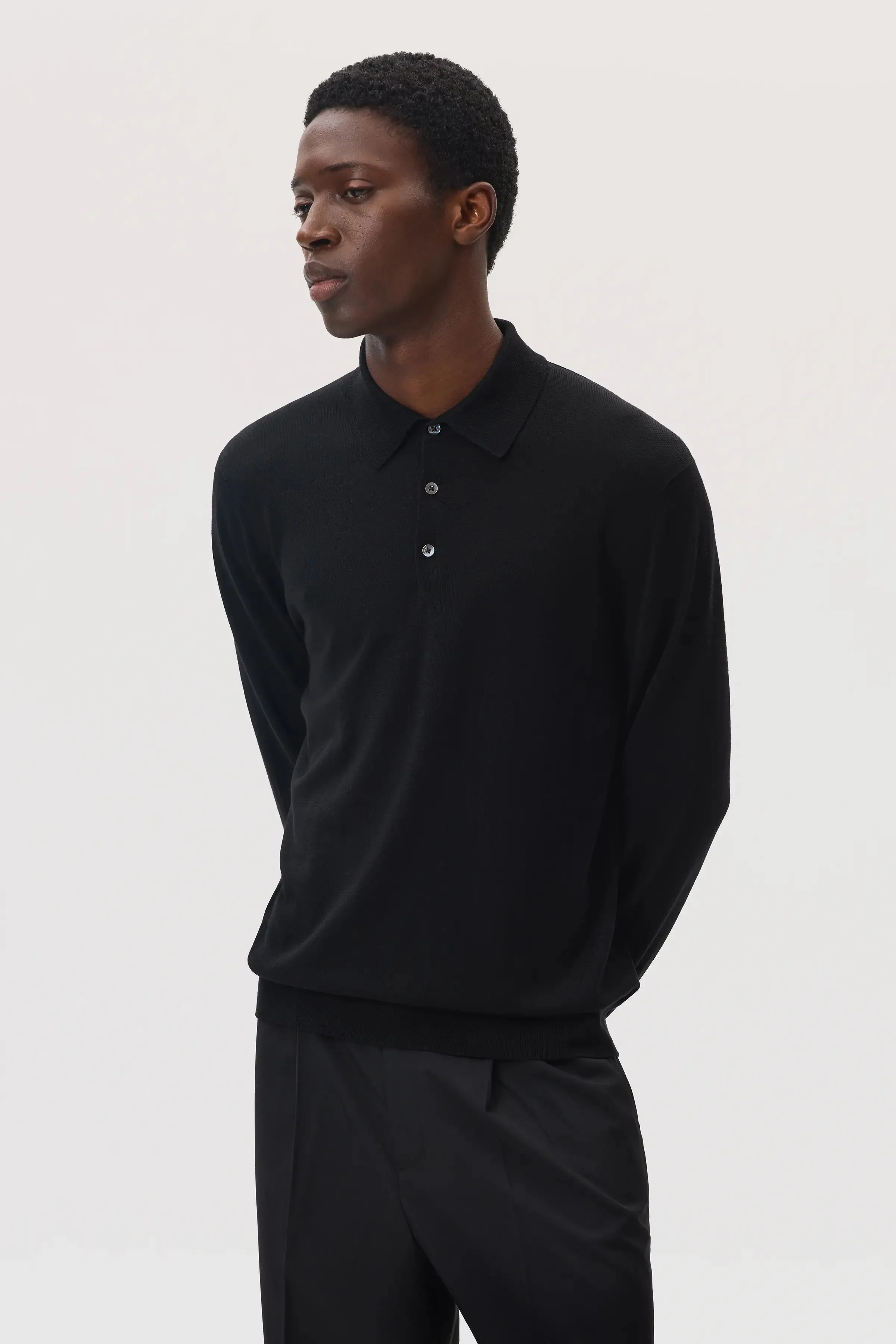 Merino Long Sleeve Black Polo Shirt sold by Johnstons of Elgin product image thumbnail 2