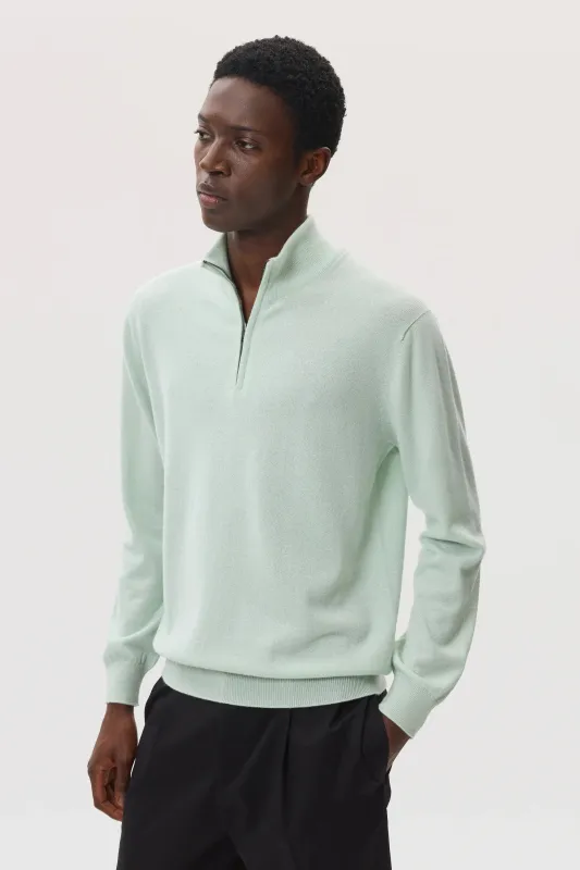 Classic Cashmere Light Green Zip Neck Jumper made by Johnstons of Elgin