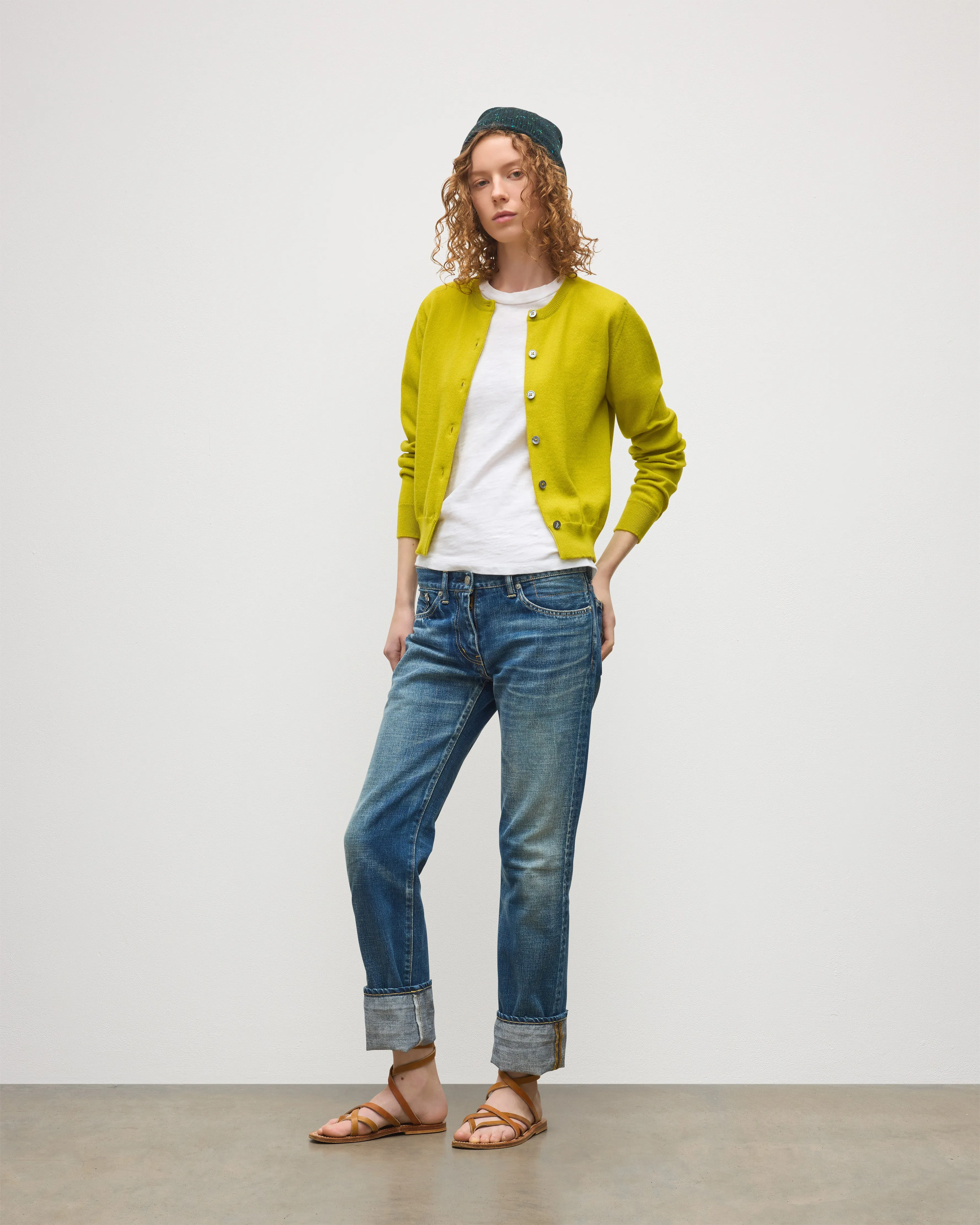 Iris Yellow Classic Cashmere Cardigan sold by Johnstons of Elgin