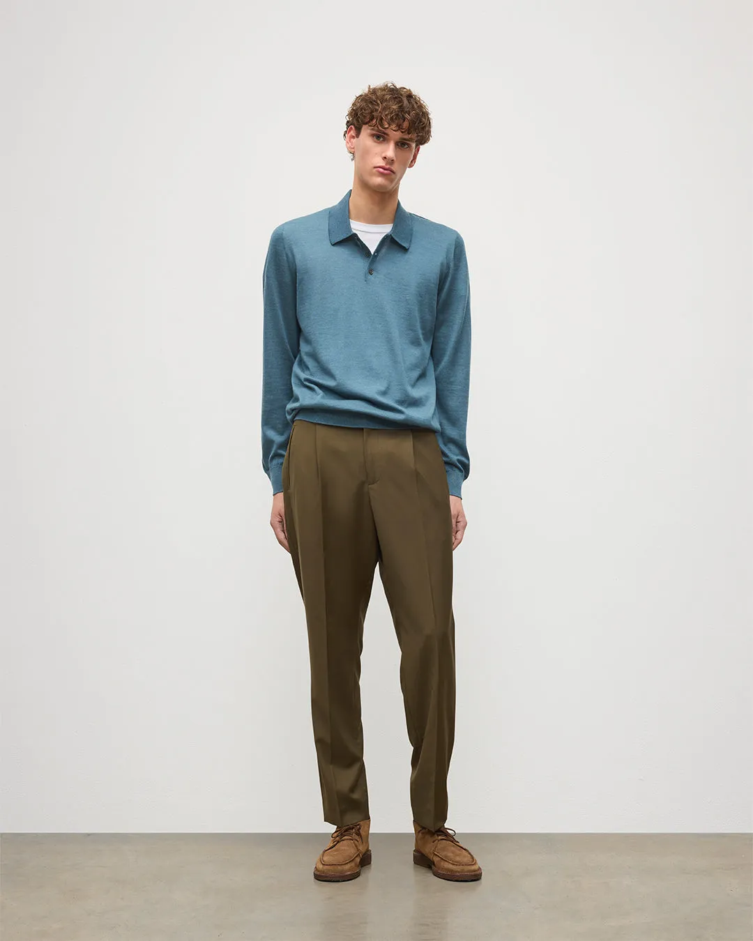 Fin Blue Superfine Cashmere Polo Shirt sold by Johnstons of Elgin