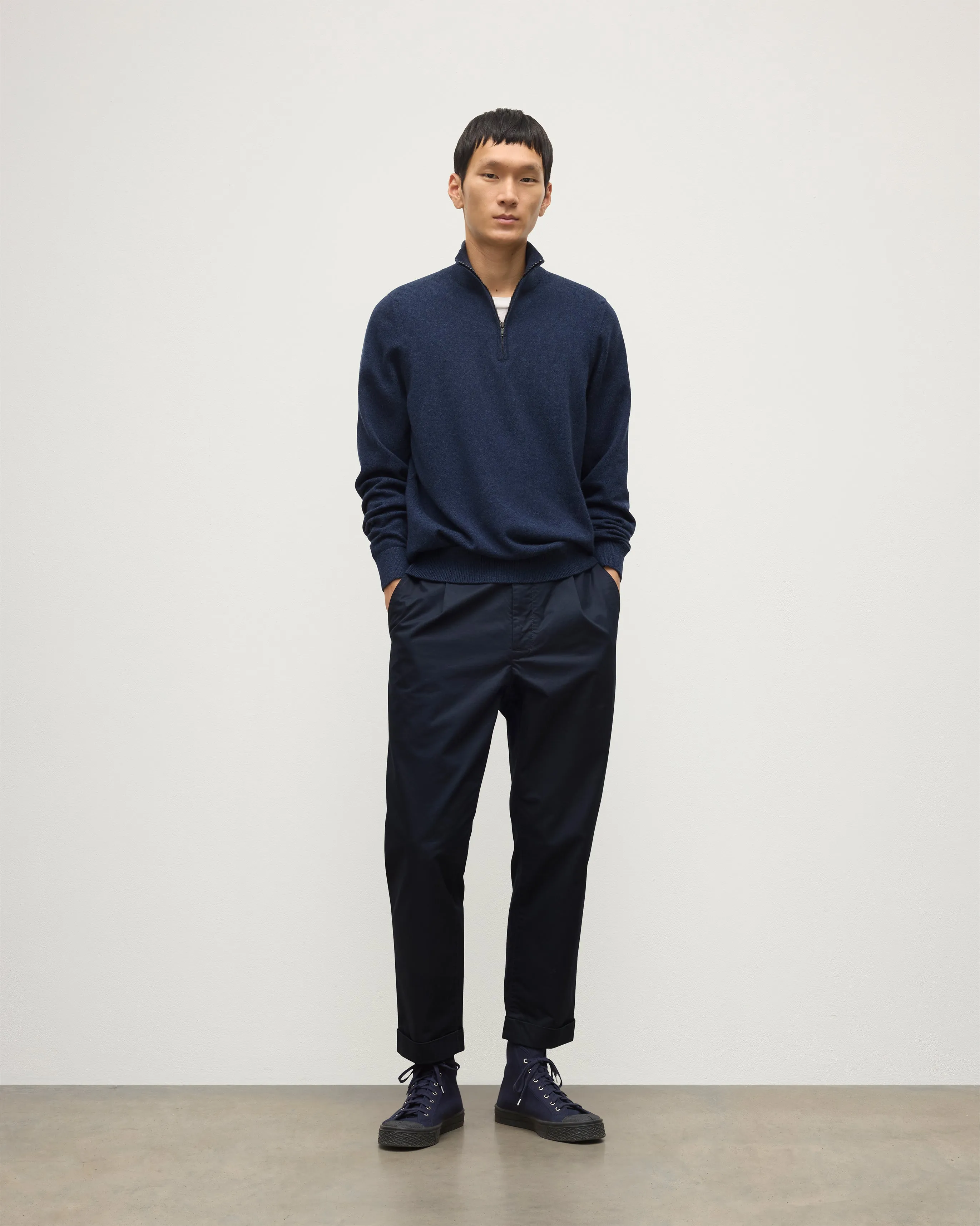 Rory Navy Classic Cashmere Zip Neck Jumper sold by Johnstons of Elgin