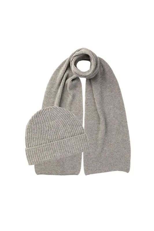 Ribbed Cashmere Grey Scarf & Beanie Gift Set made by Johnstons of Elgin