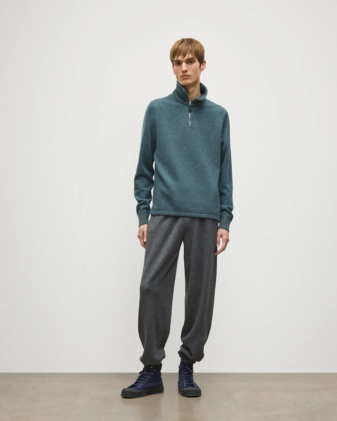 Tweel Grey & Green Cashmere Half Zip Jumper sold by Johnstons of Elgin