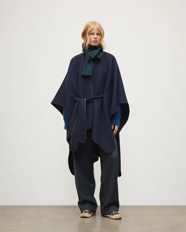 Charcoal Belted Cape with Leather Binding made by Johnstons of Elgin
