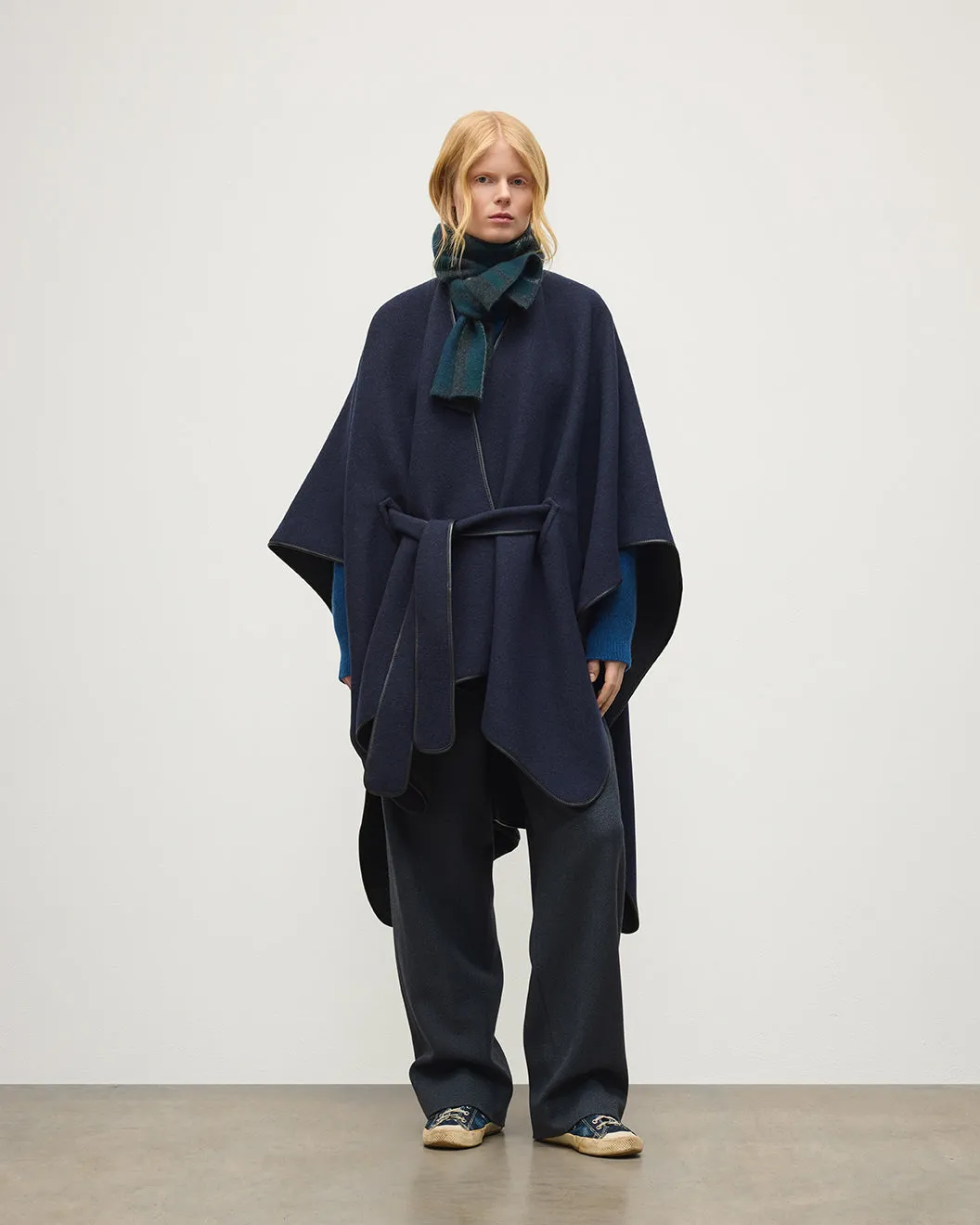 Charcoal Belted Cape with Leather Binding sold by Johnstons of Elgin