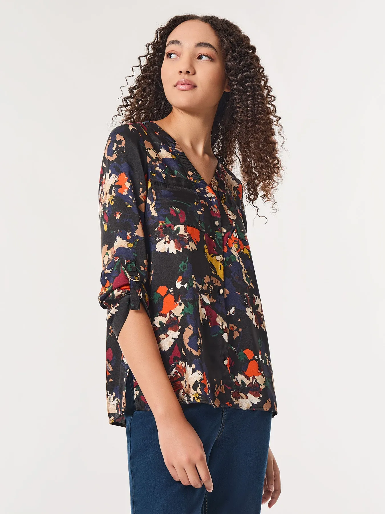Printed Button-Front Collarless Tunic, Satin Twill sold by Jones New York product image thumbnail 2