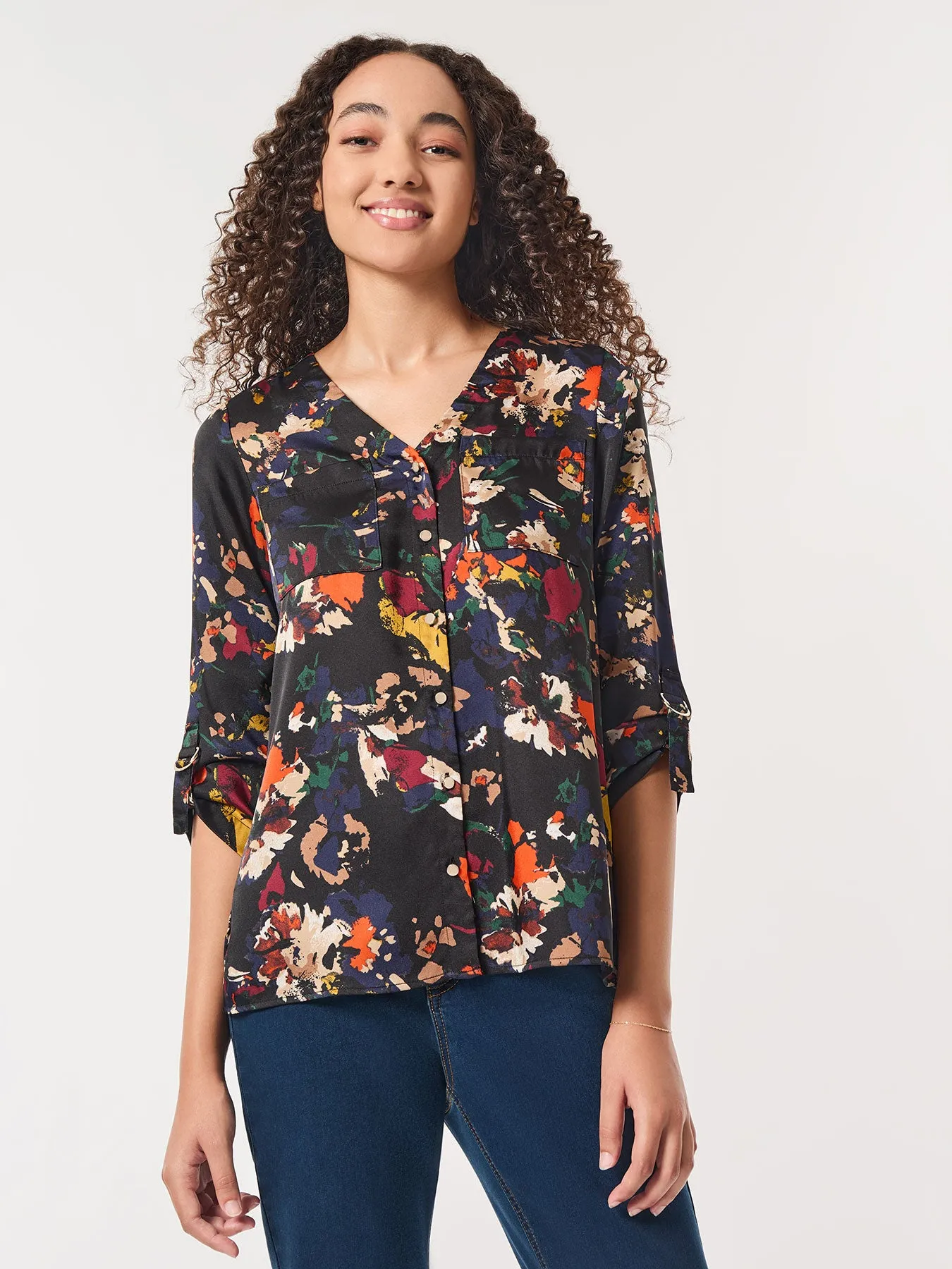 Printed Button-Front Collarless Tunic, Satin Twill sold by Jones New York