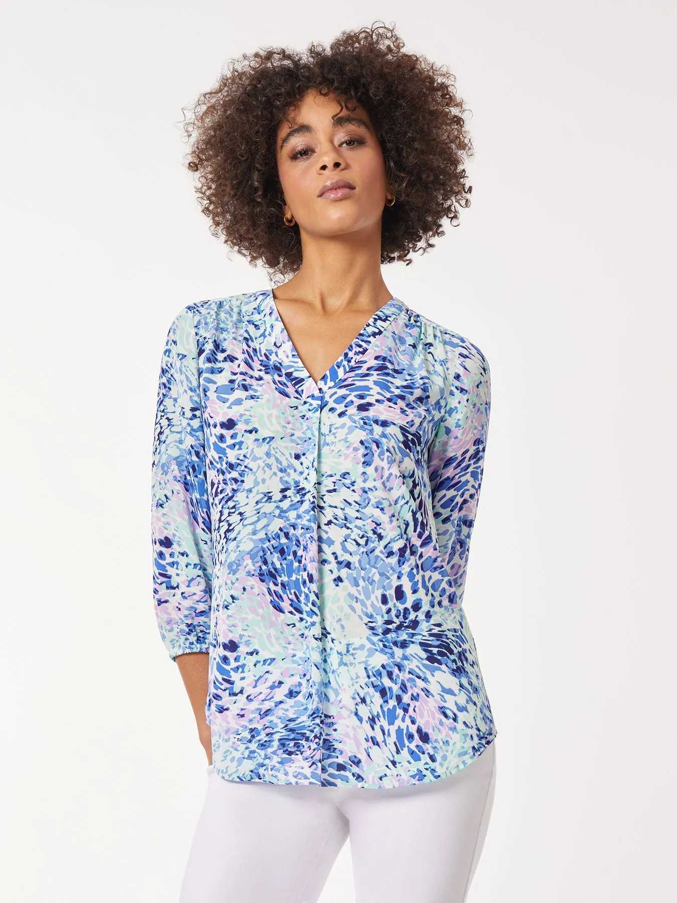Printed V-Neck Pleated Kelly Blouse sold by Jones New York