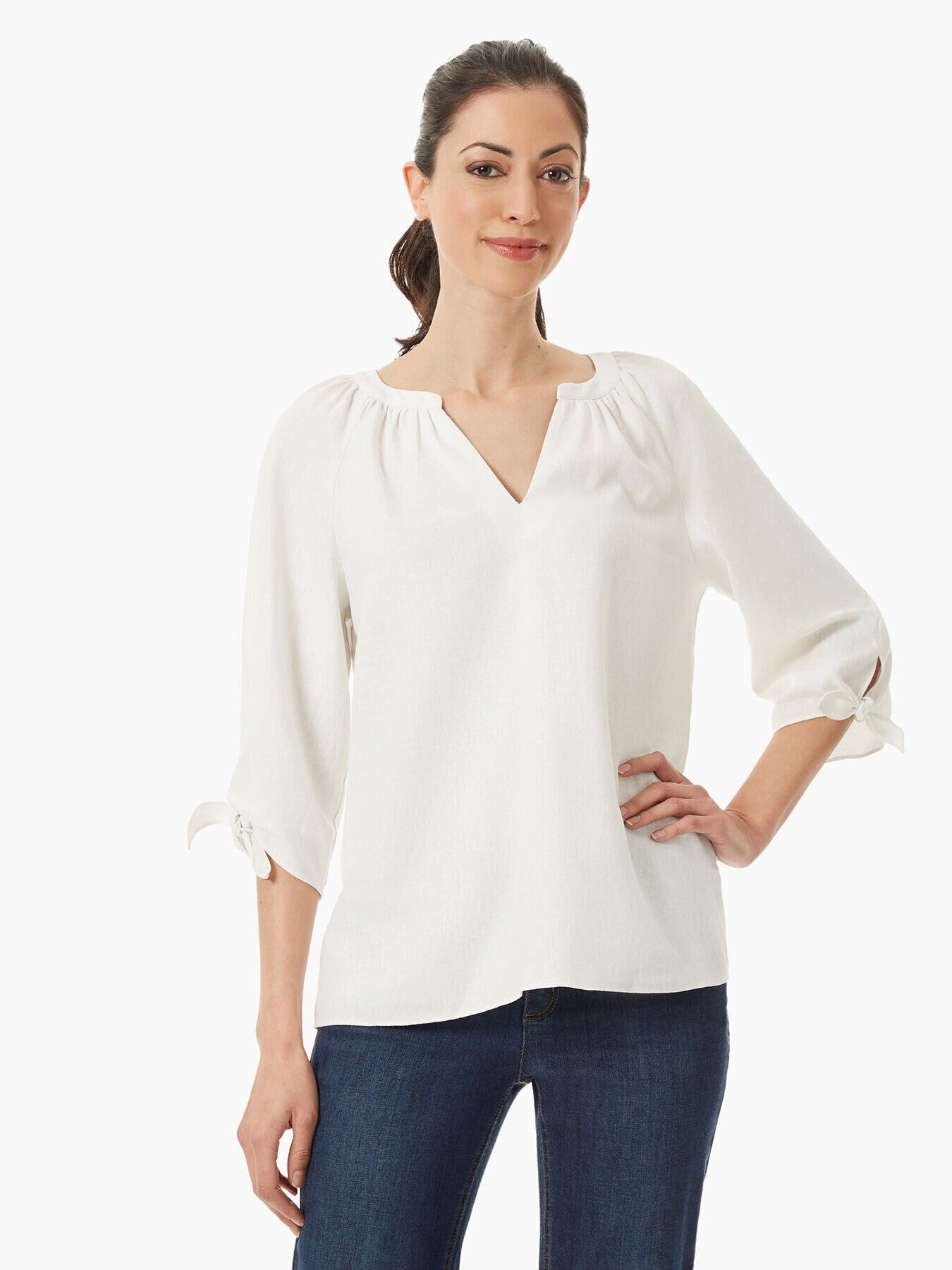 Linen-Blend V-Neck Tie-Sleeve Blouse sold by Jones New York