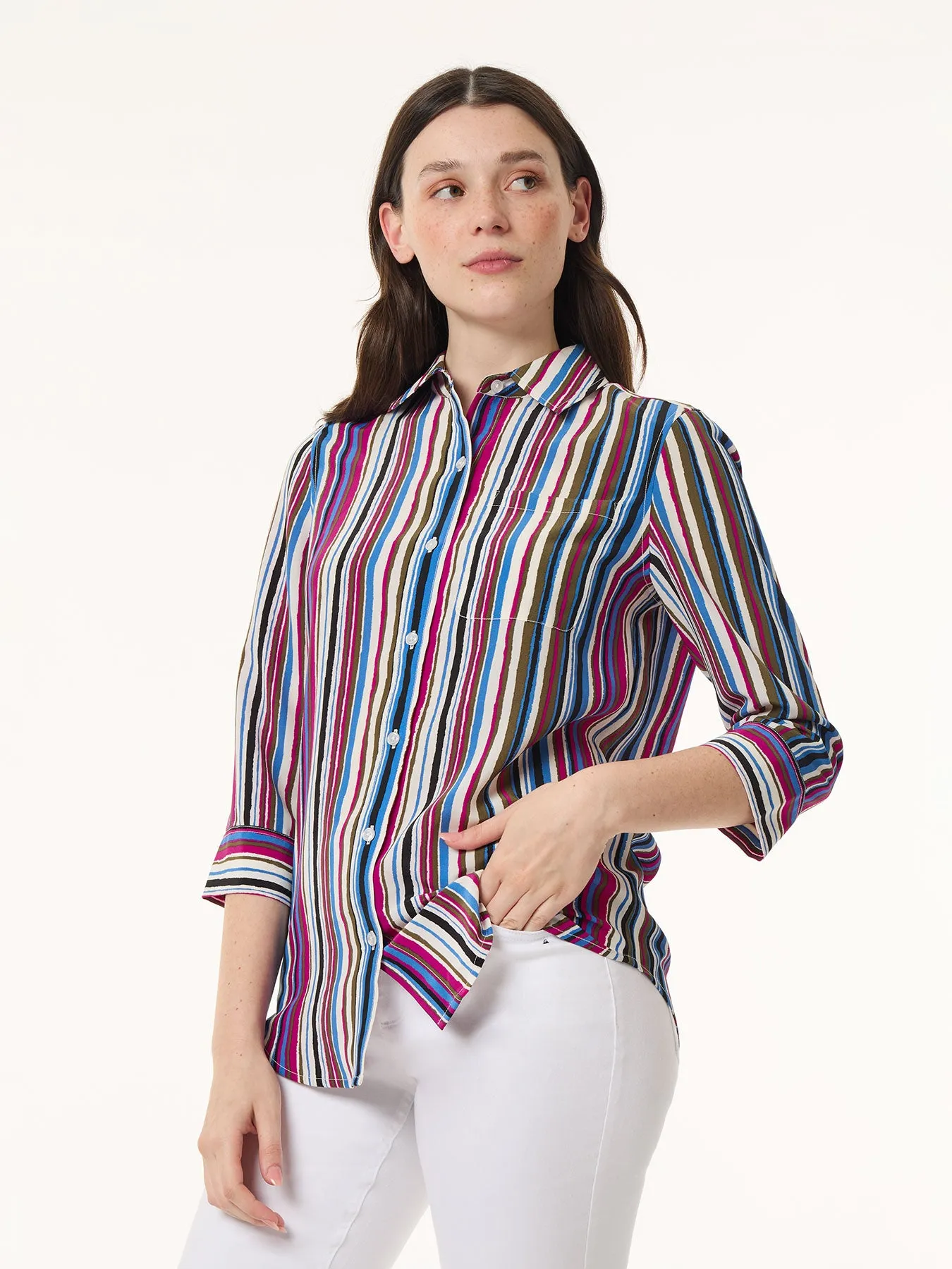 Petite Striped Button Front Collared Shirt, Crepe de Chine sold by Jones New York
