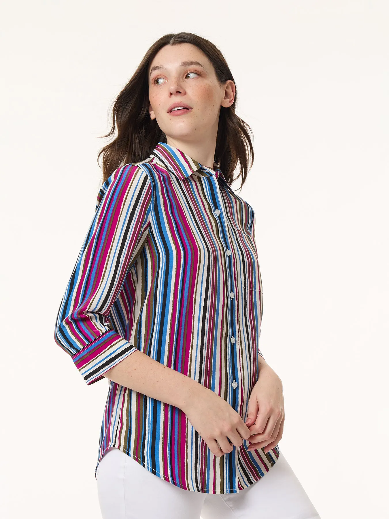 Petite Striped Button Front Collared Shirt, Crepe de Chine sold by Jones New York product image thumbnail 2
