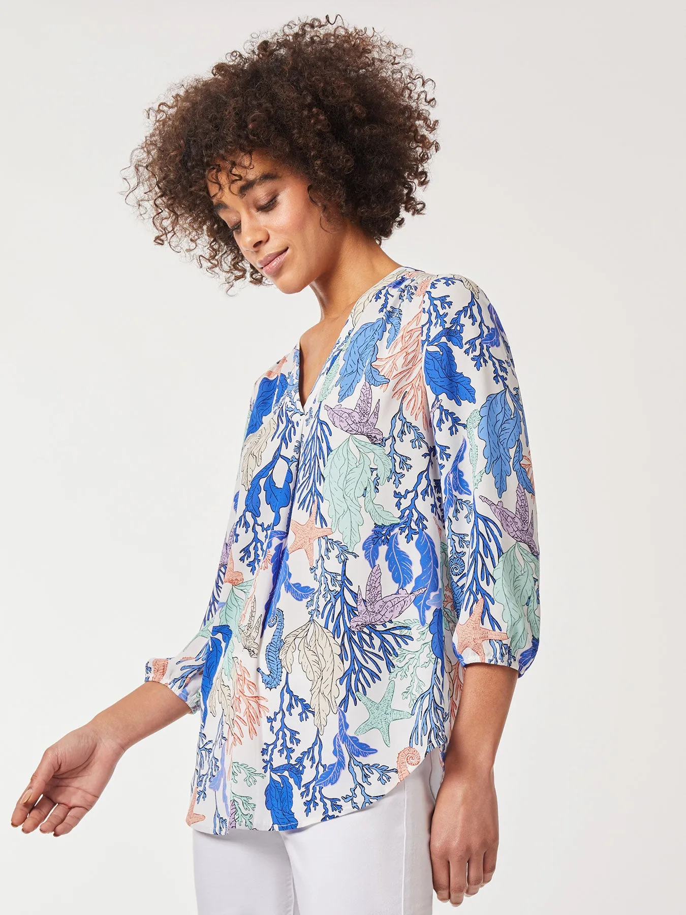 Printed V-Neck Pleated Kelly Blouse sold by Jones New York product image thumbnail 3