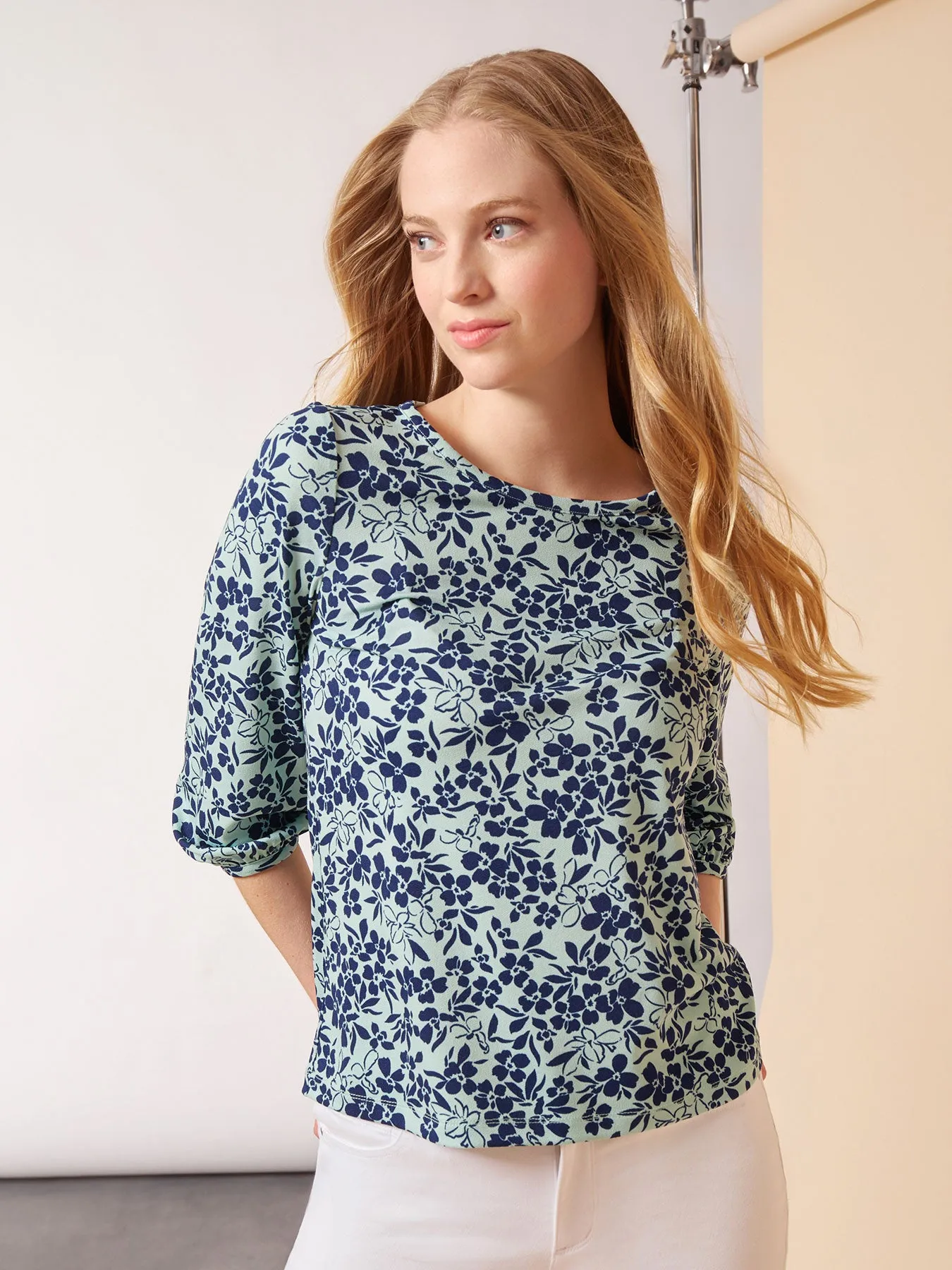 Printed Moss Crepe Puff Sleeve Top sold by Jones New York