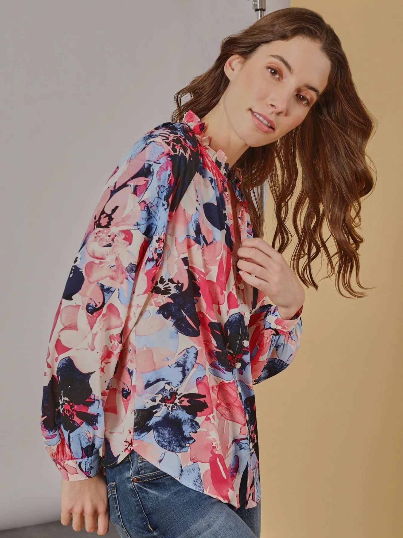 Plus Size Ruffle Neck Puff Sleeve Peasant Blouse sold by Jones New York product image thumbnail 4