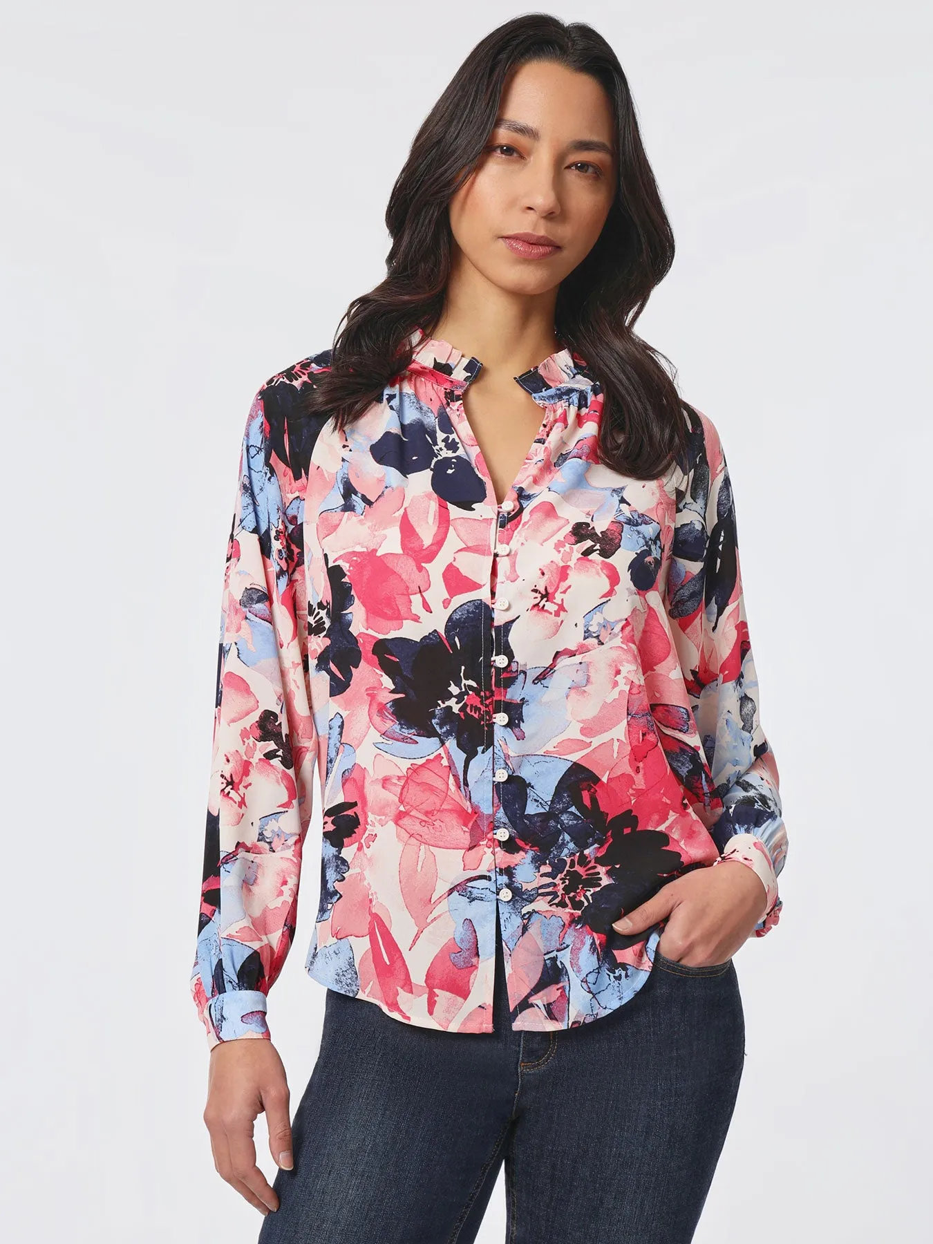 Plus Size Ruffle Neck Puff Sleeve Peasant Blouse sold by Jones New York