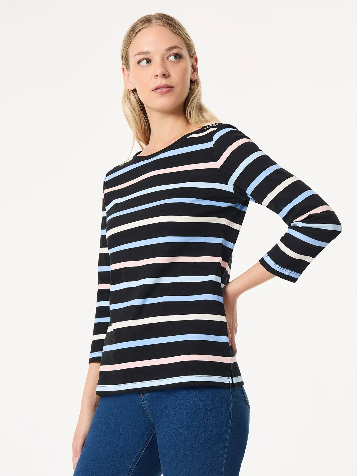 Striped 3/4 Sleeve Button Shoulder Tee sold by Jones New York product image thumbnail 2