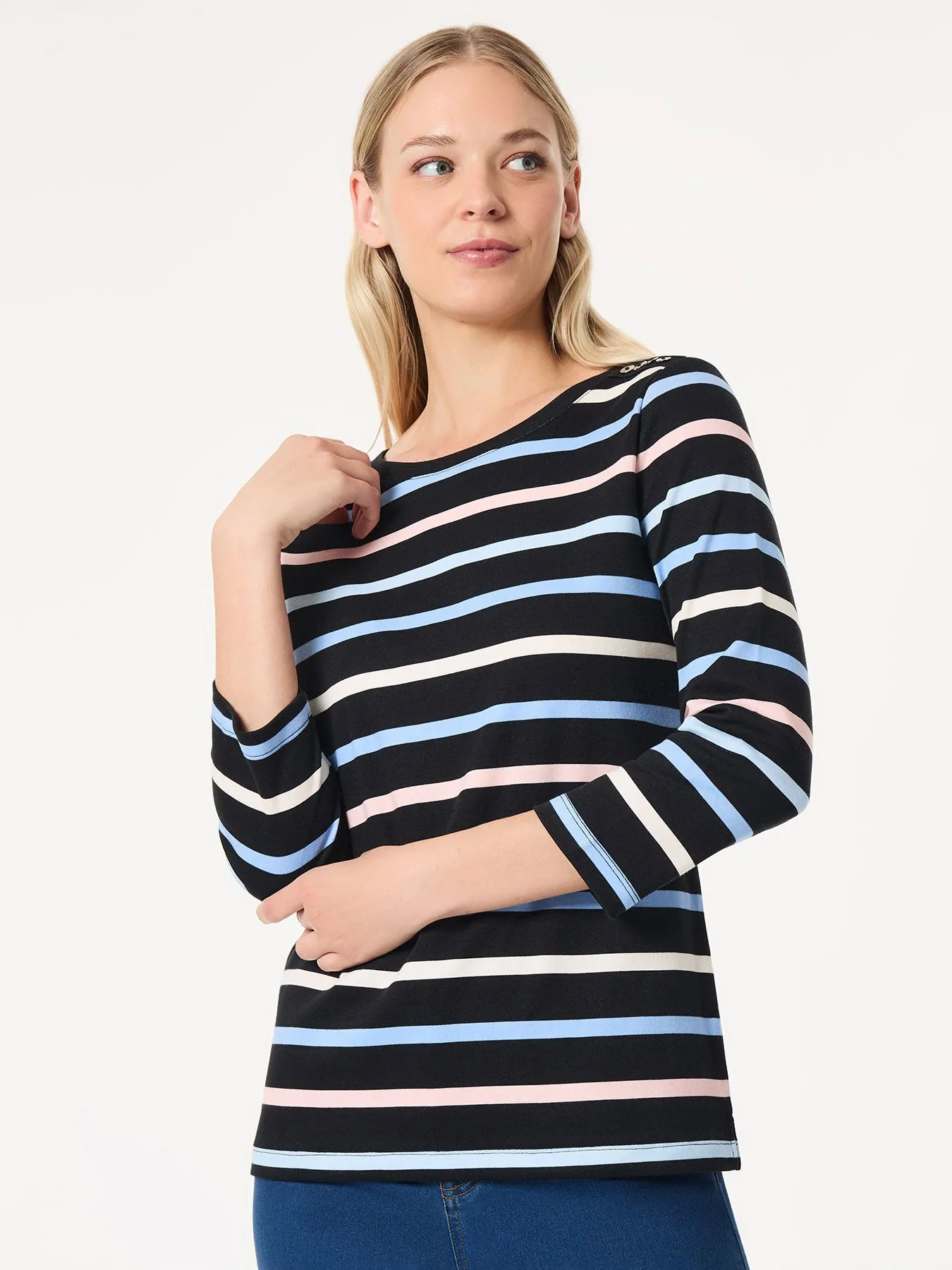 Striped 3/4 Sleeve Button Shoulder Tee sold by Jones New York