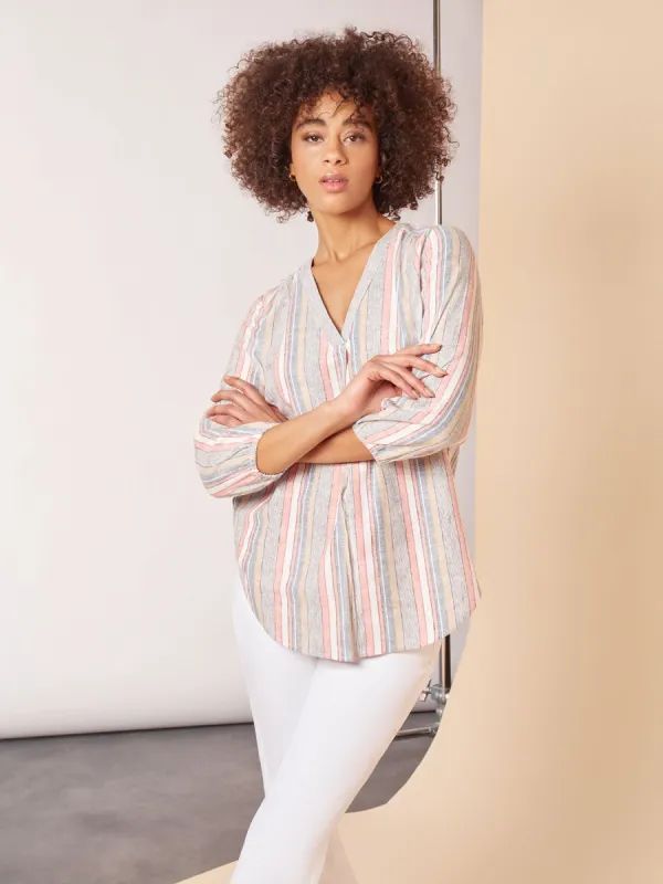 Striped V-Neck Pleated Kelly Blouse sold by Jones New York