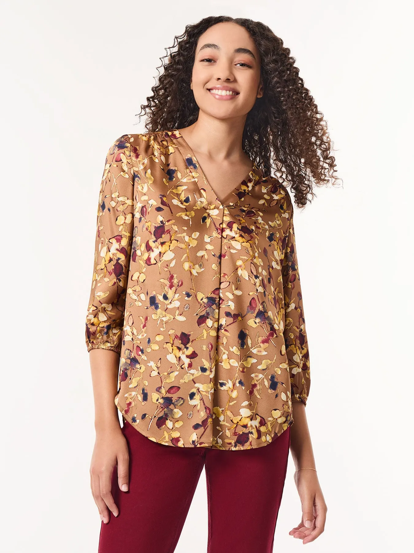 Printed V-Neck Pleated Kelly Blouse sold by Jones New York