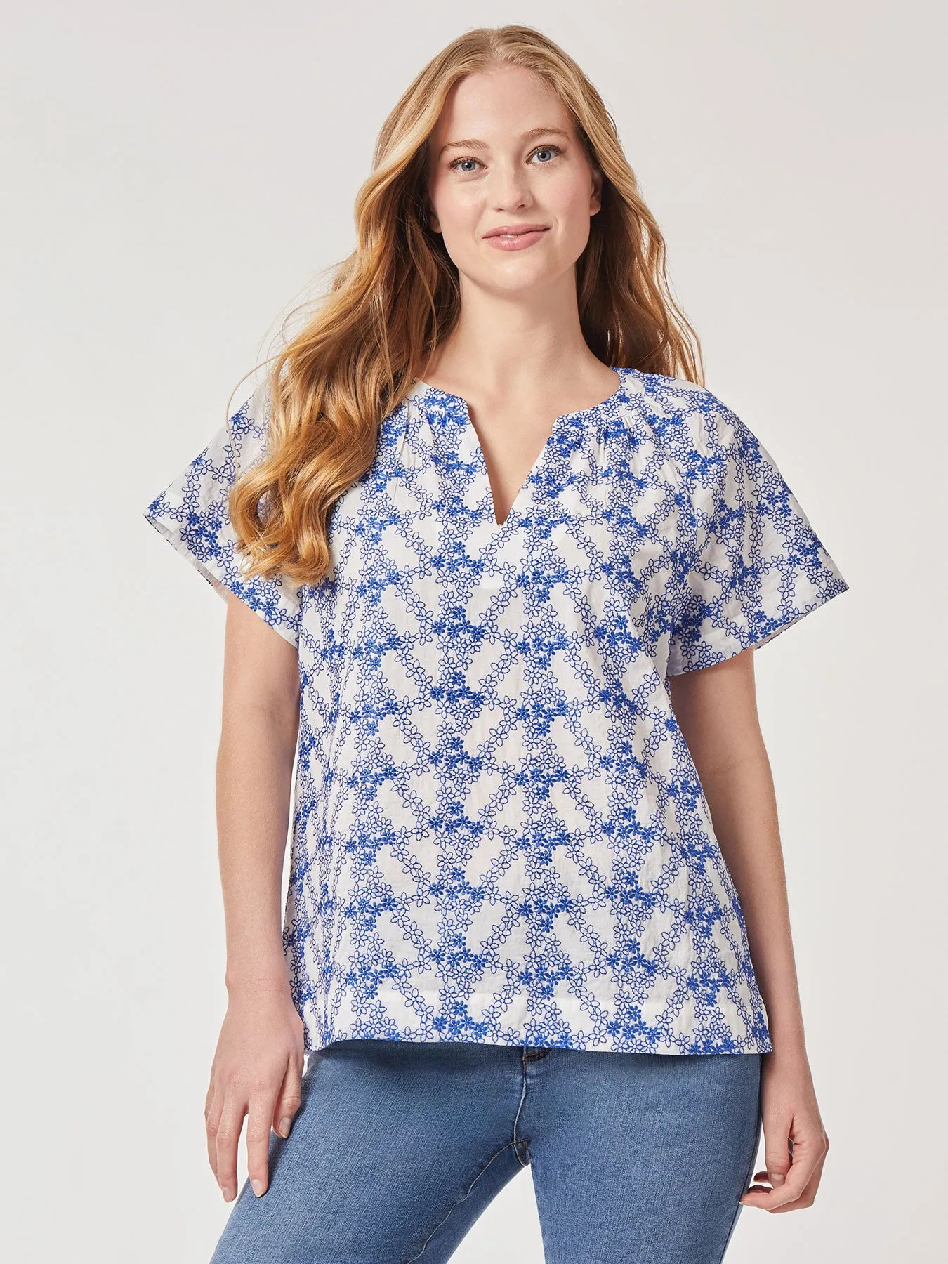 Popover Floral Embroidery Short Sleeve Blouse sold by Jones New York
