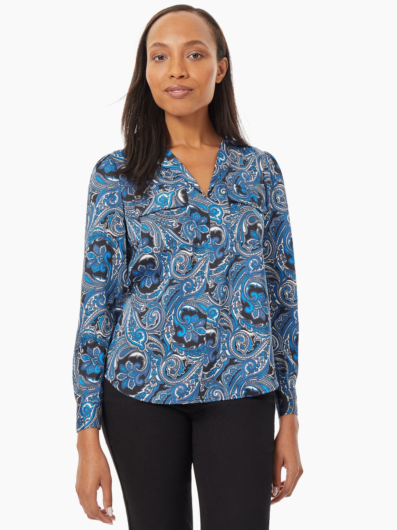 Paisley Satin Twill Utility Blouse sold by Jones New York