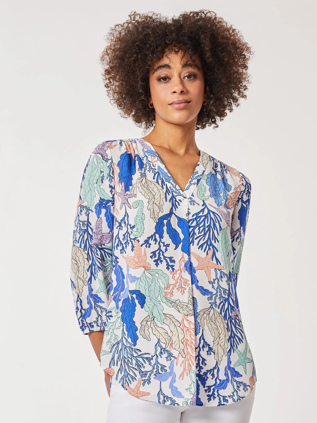 Plus Size Printed V-Neck Pleated Kelly Blouse sold by Jones New York product image thumbnail 2