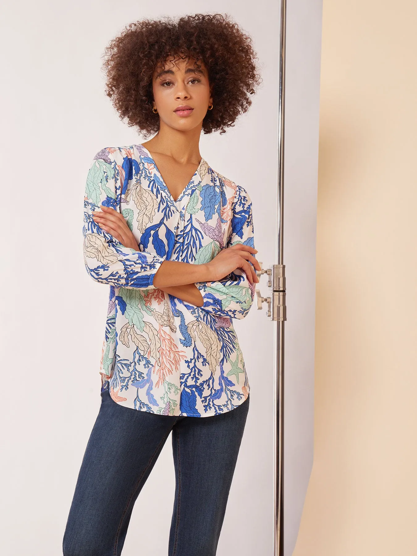 Plus Size Printed V-Neck Pleated Kelly Blouse sold by Jones New York
