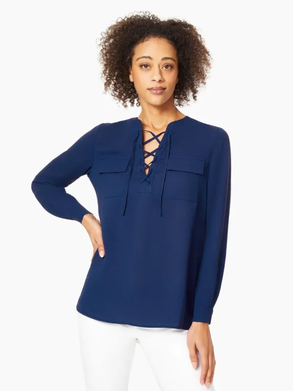 Lace-Up V-Neck Crepe Georgette Blouse sold by Jones New York