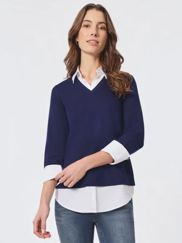 Solid V-Neck Knit Combo Top sold by Jones New York