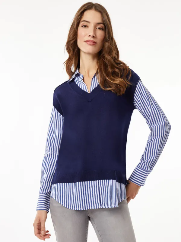 Collared Shirt V-Neck Sweater Vest Combo Top Parallel