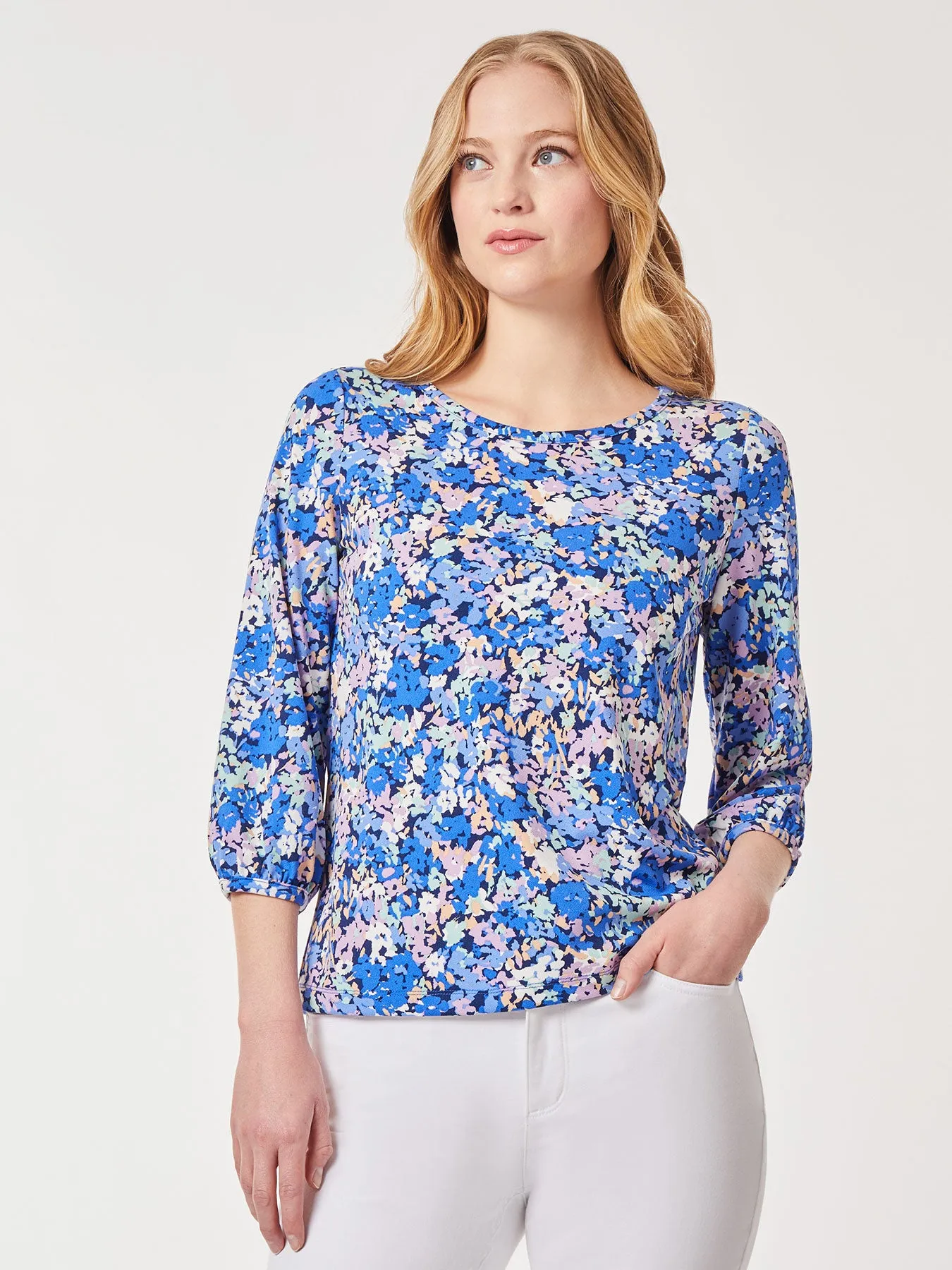 Printed Moss Crepe Puff Sleeve Top sold by Jones New York