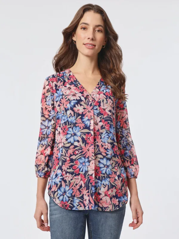 Printed V-Neck Pleated Kelly Blouse sold by Jones New York
