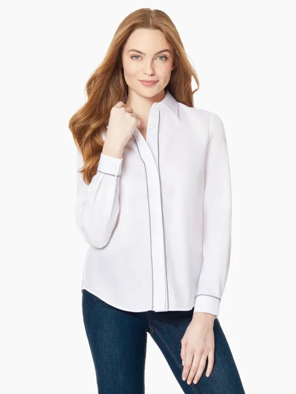 Gingham Trim Easy-Care Oxford Button-Up Shirt sold by Jones New York
