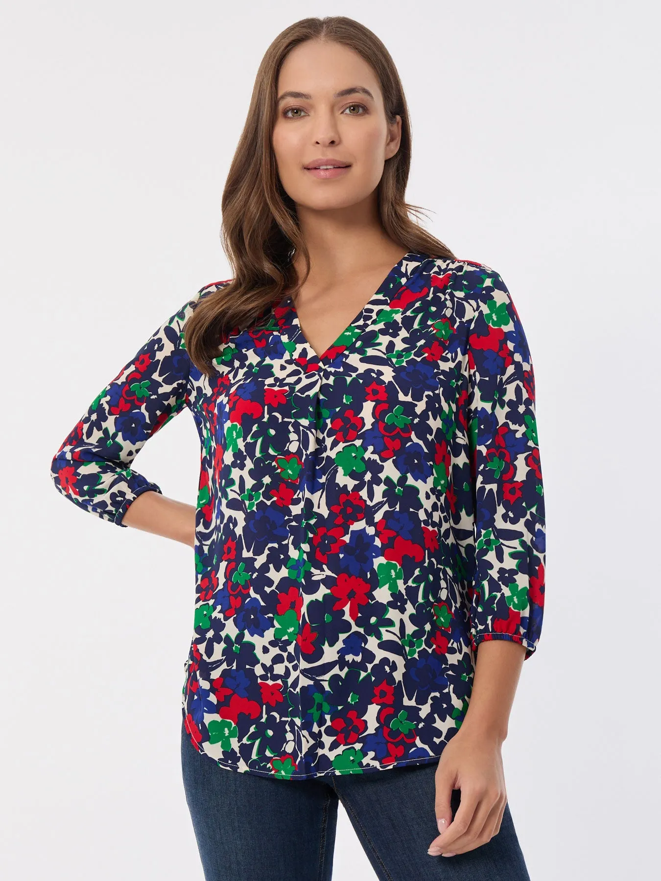 Printed V-Neck Pleated Kelly Blouse sold by Jones New York