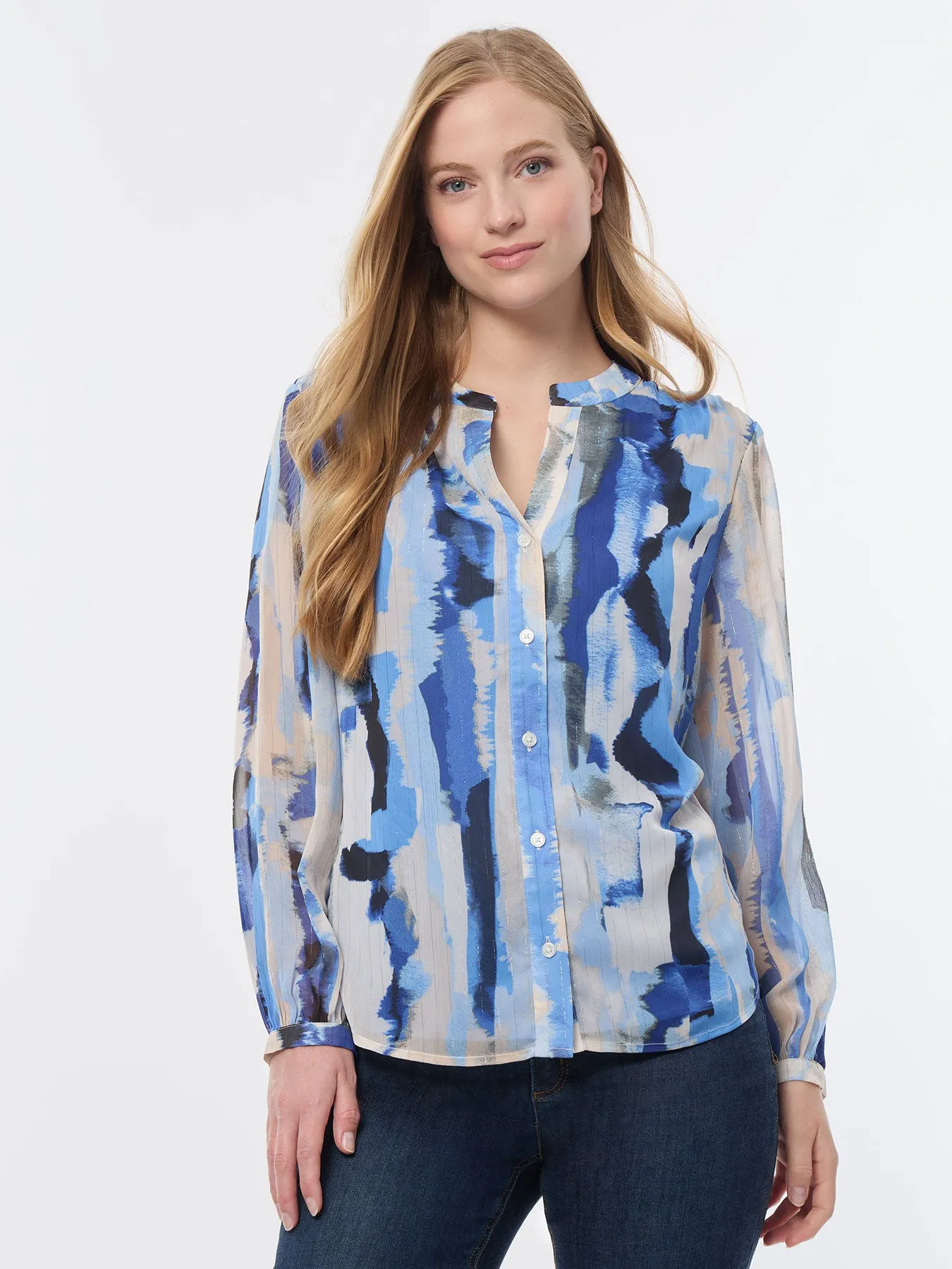 Button-Front Abstract Print Blouse, Chiffon sold by Jones New York
