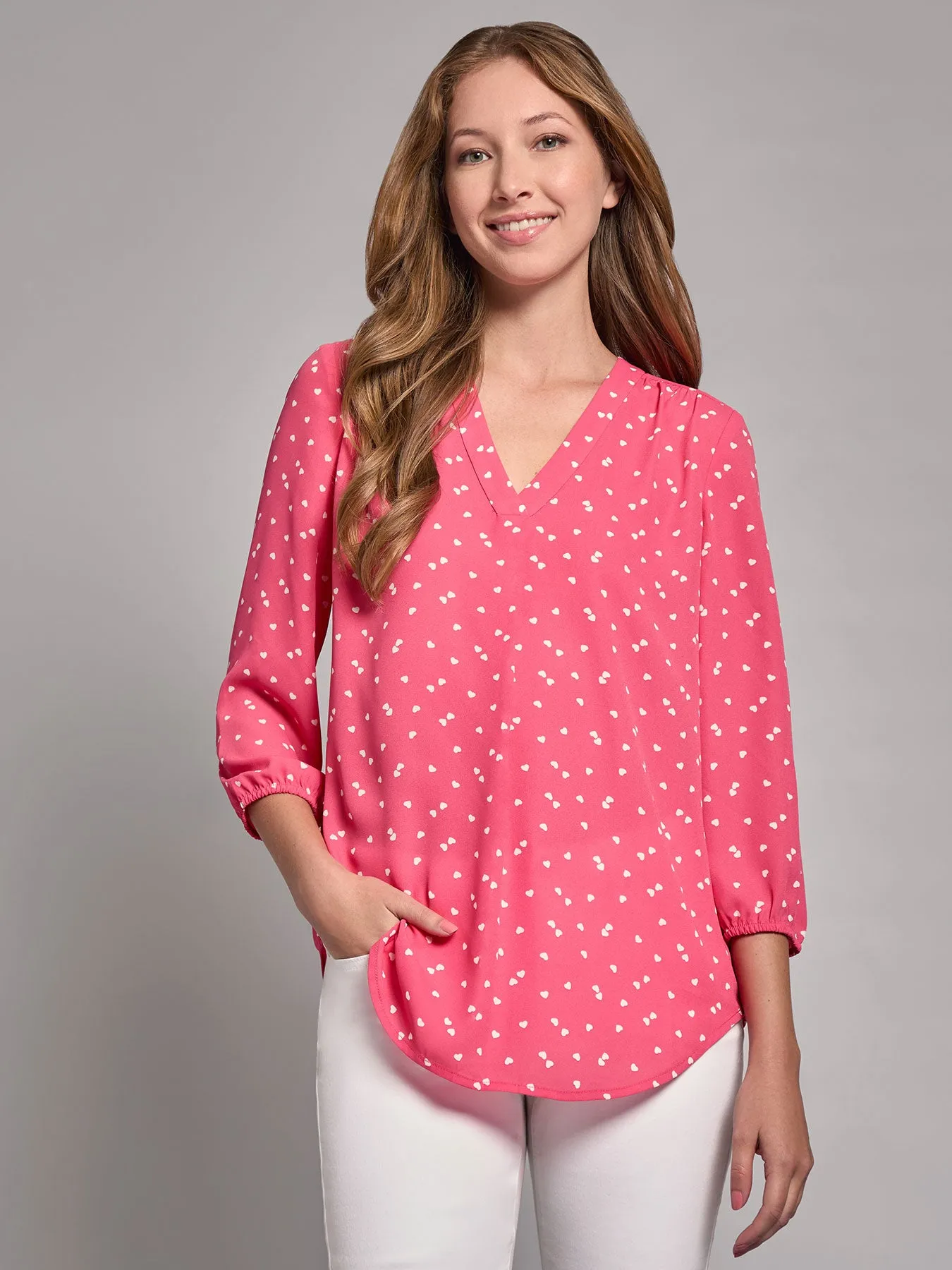 Print V-Neck Pleated Kelly Blouse sold by Jones New York