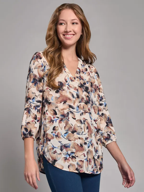 Plus Print V-Neck Pleated Kelly Blouse sold by Jones New York