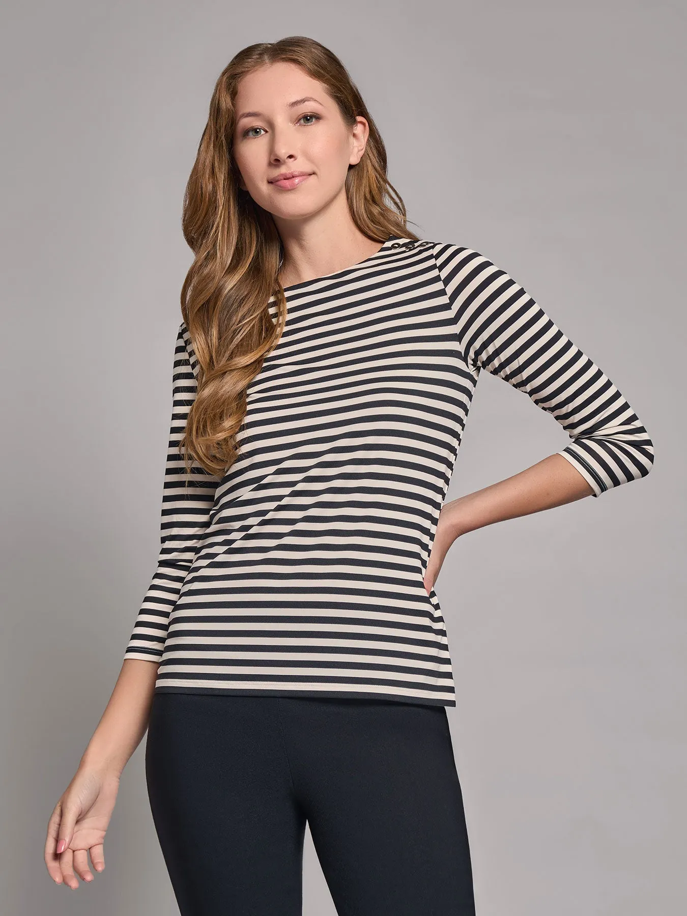 Stripe Button Shoulder Jersey Top sold by Jones New York