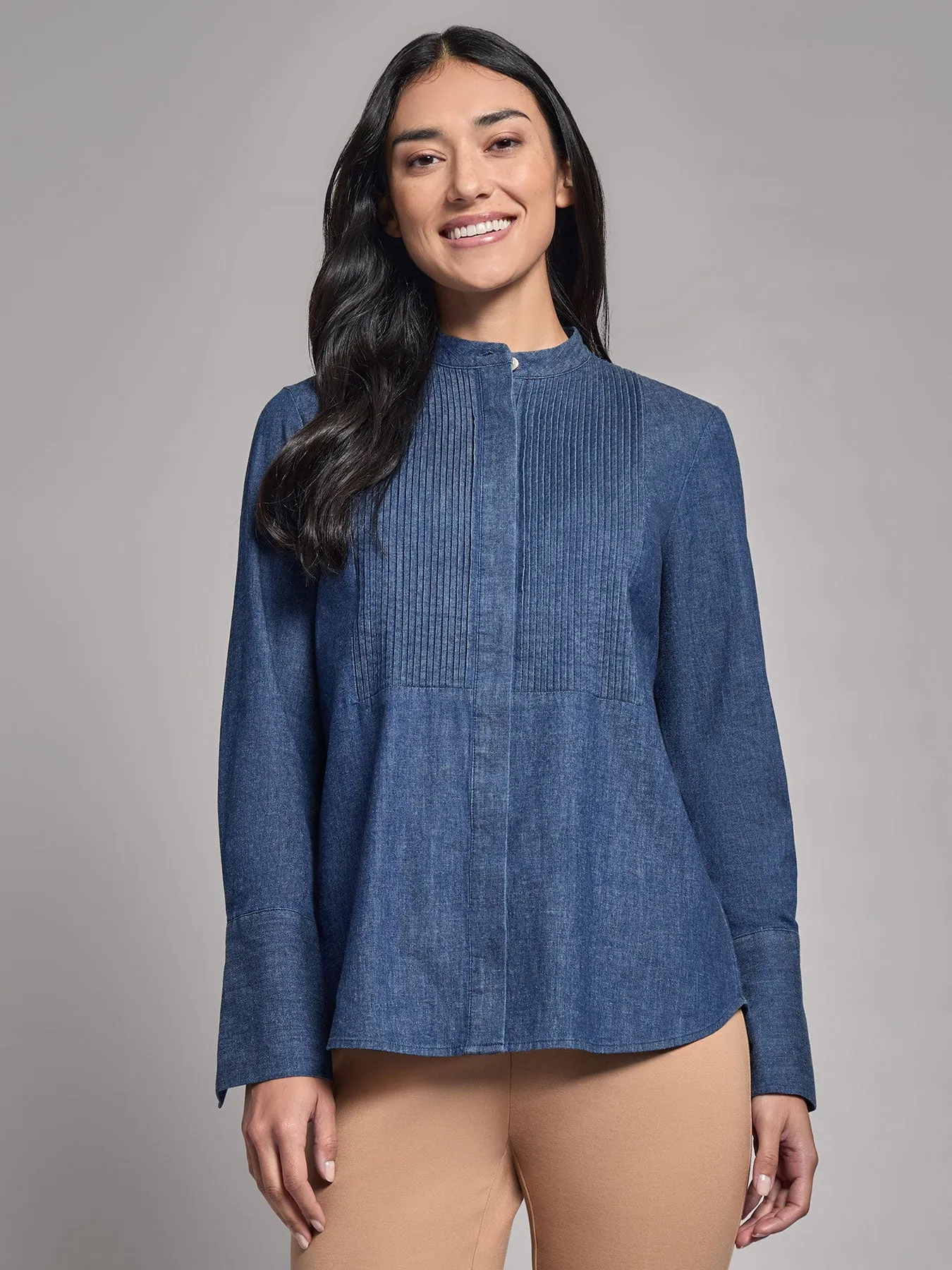 Denim Button-Front Pintuck Top sold by Jones New York