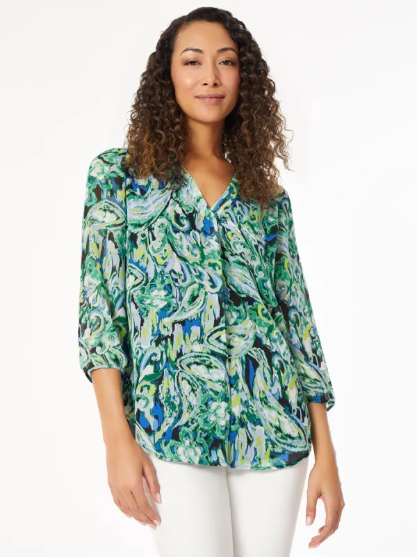 Printed V-Neck Pleated Kelly Blouse sold by Jones New York