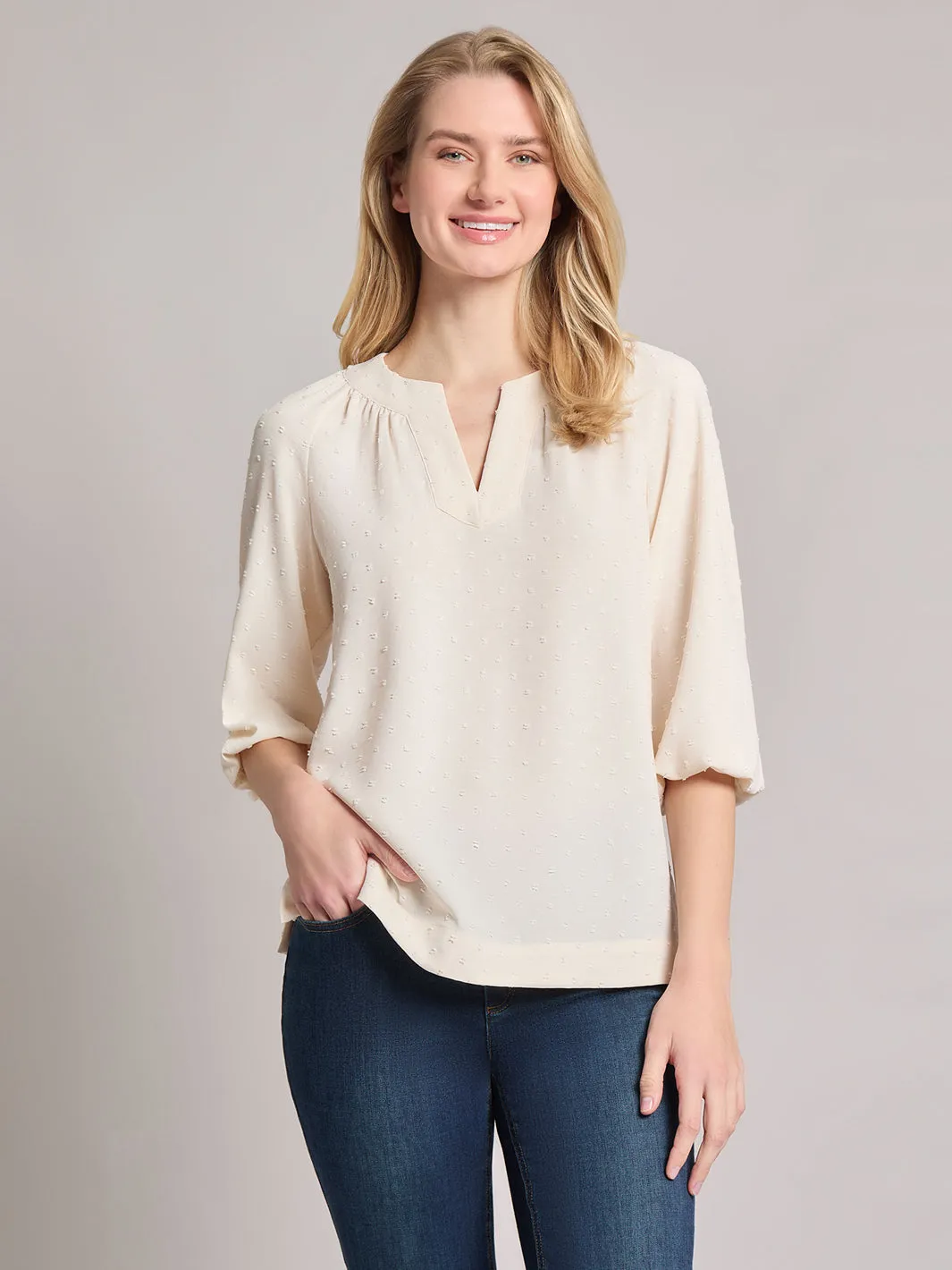Print V-Neck Pleated Kelly Blouse, Jacquard sold by Jones New York