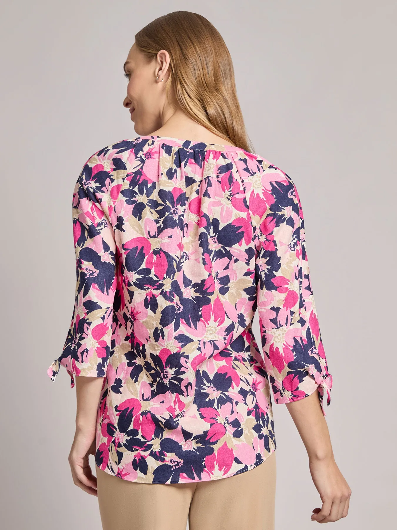 Plus V-Neck Print Tie-Sleeve Blouse, Linen Blend sold by Jones New York product image thumbnail 3