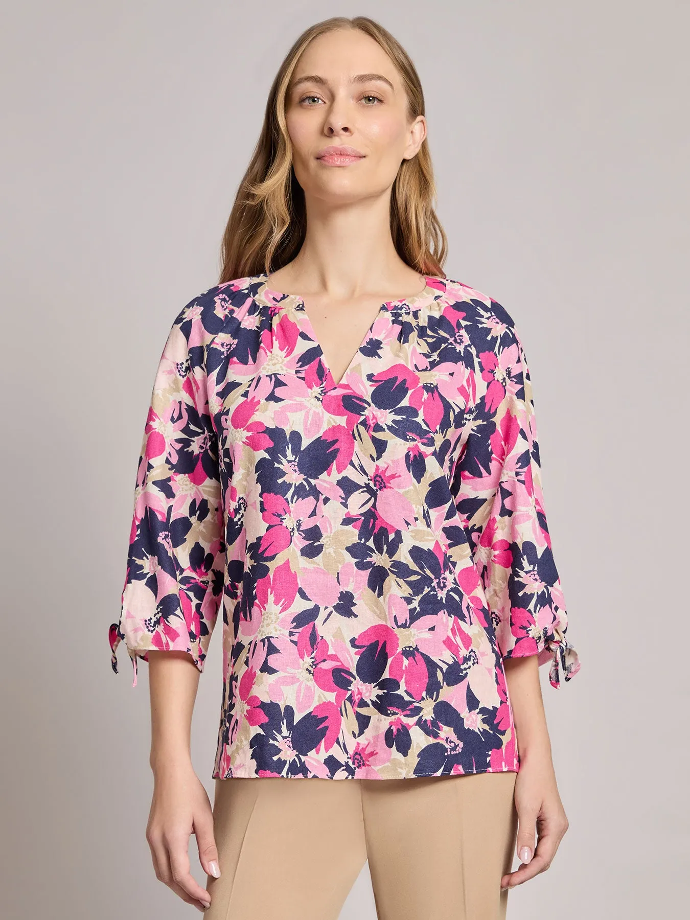 Plus V-Neck Print Tie-Sleeve Blouse, Linen Blend sold by Jones New York