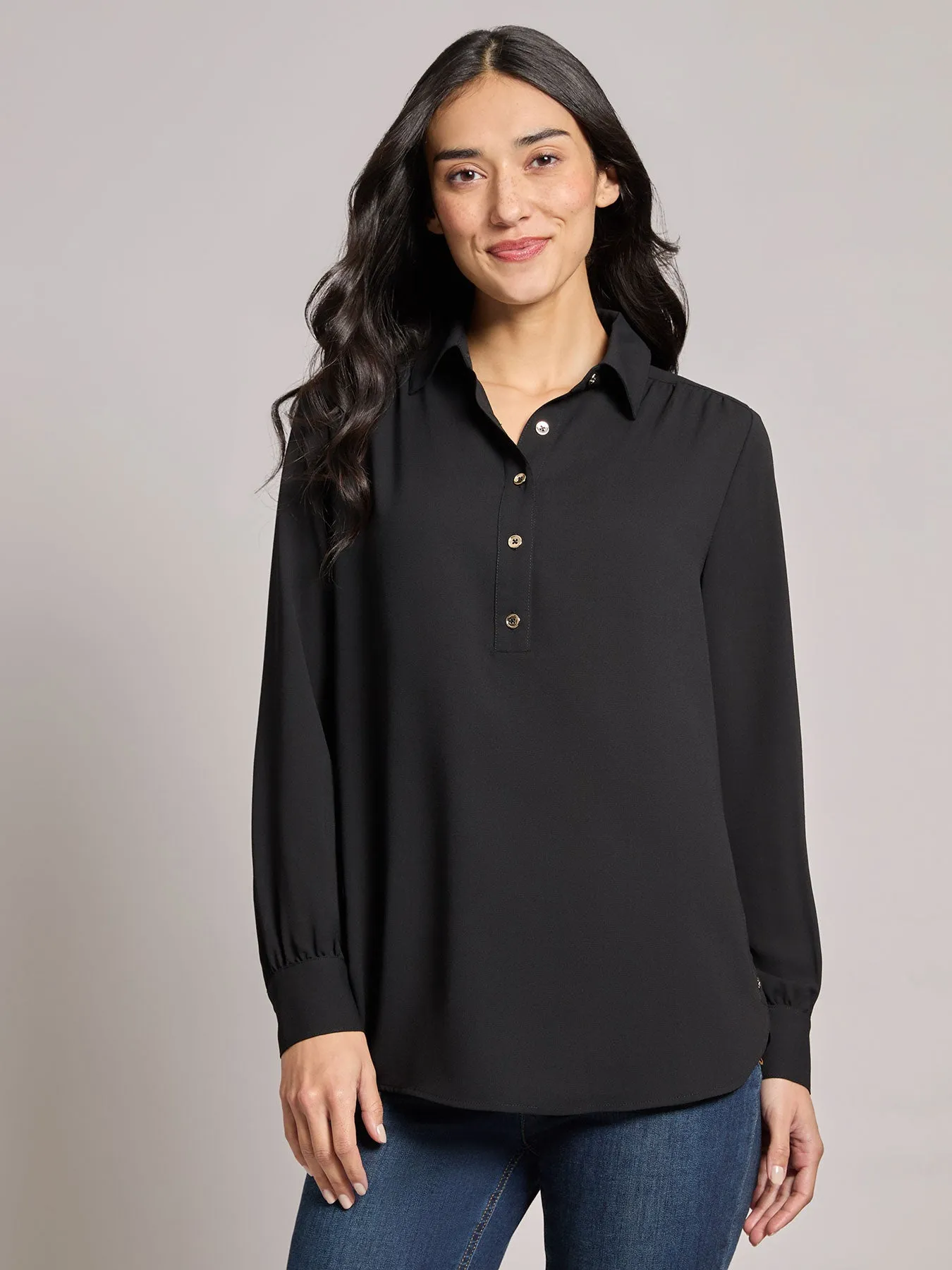 Long Sleeve Collared Popover Blouse, Crepe de Chine sold by Jones New York