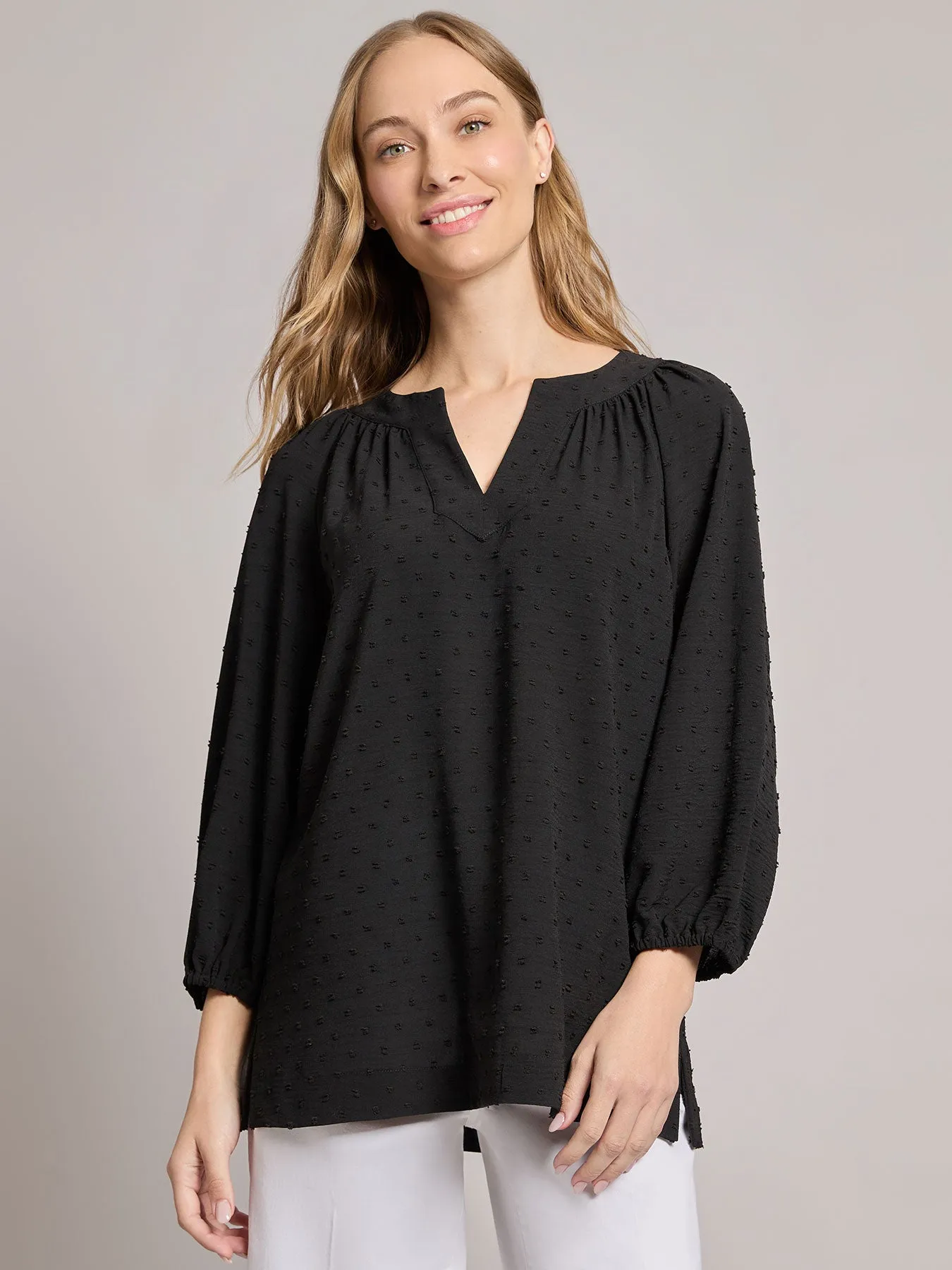 Print V-Neck Pleated Kelly Blouse, Jacquard sold by Jones New York