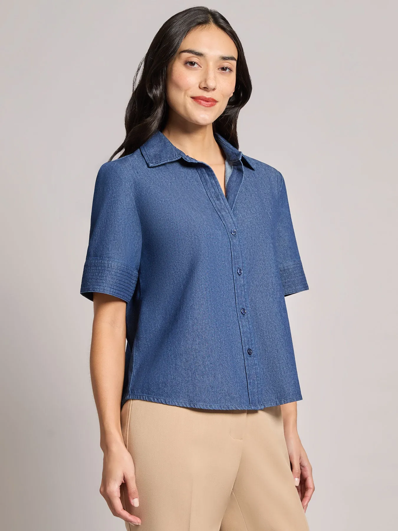Short Sleeve Button Front Top, Chambray sold by Jones New York product image thumbnail 2