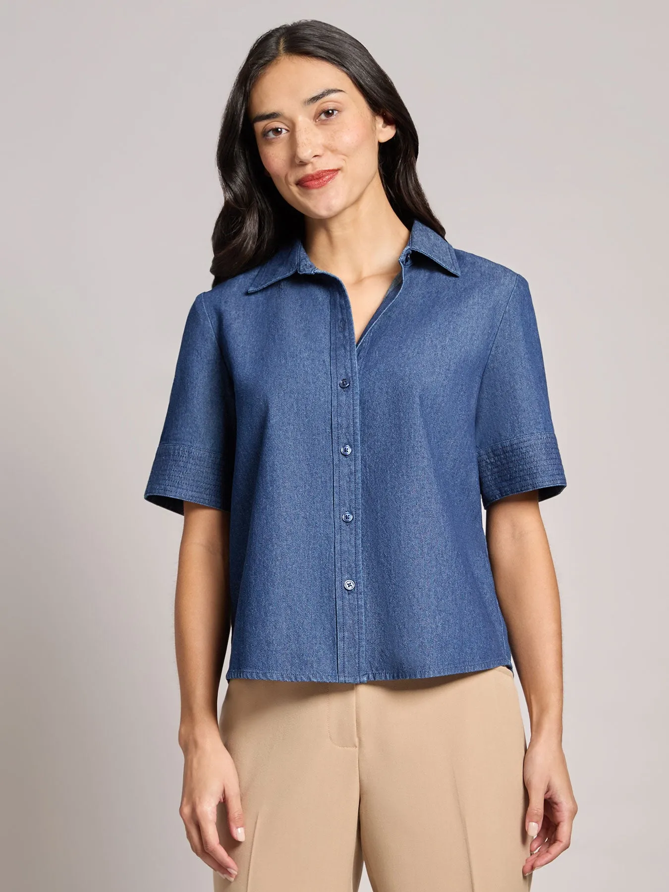 Short Sleeve Button Front Top, Chambray sold by Jones New York